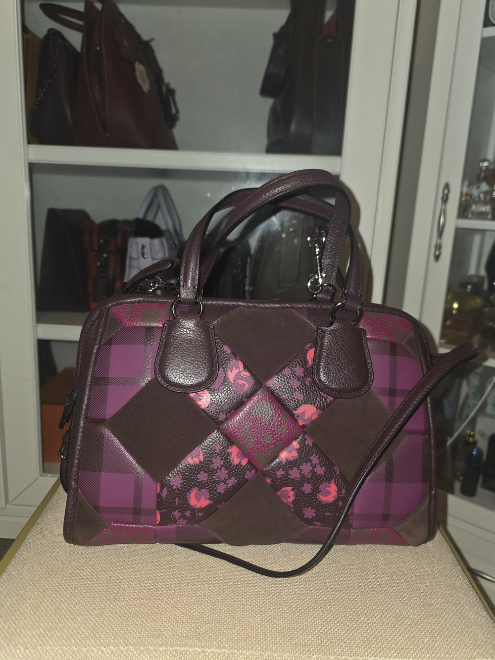 Coach Nolita Satchel Oxblood Plum Plaid Floral Patchwork Leather Suede Bag.